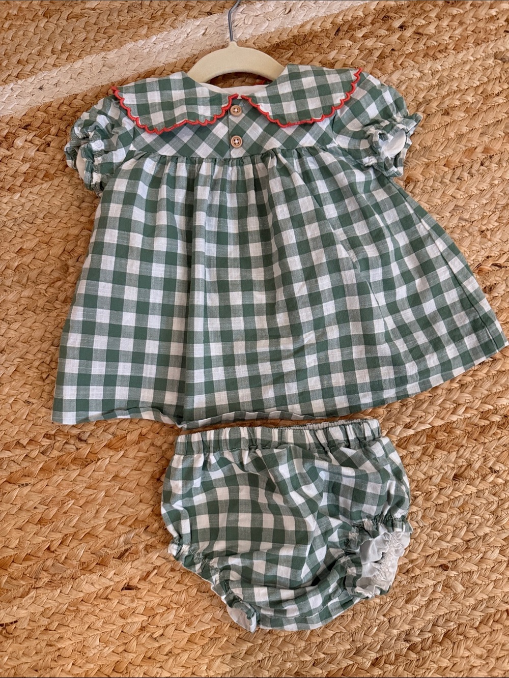 Coconuts by Matisse Green Gingham Dress & Bloomers Set with Coral Trim